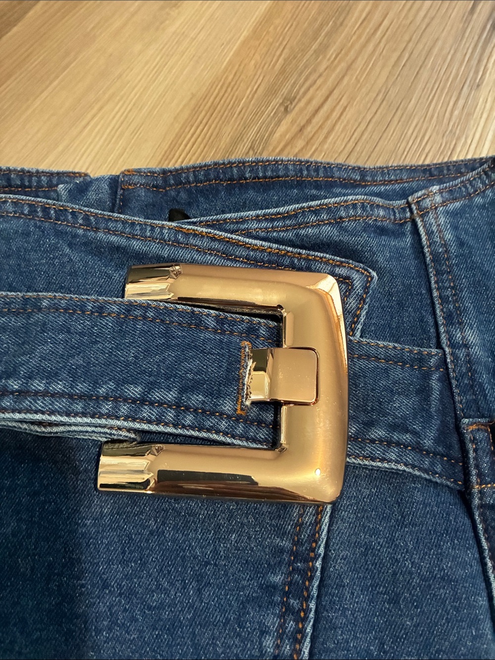 Commense Buckle Detail Asymmetrical Denim Mini Skirt Women’s L NWT - Picture 4 of 12